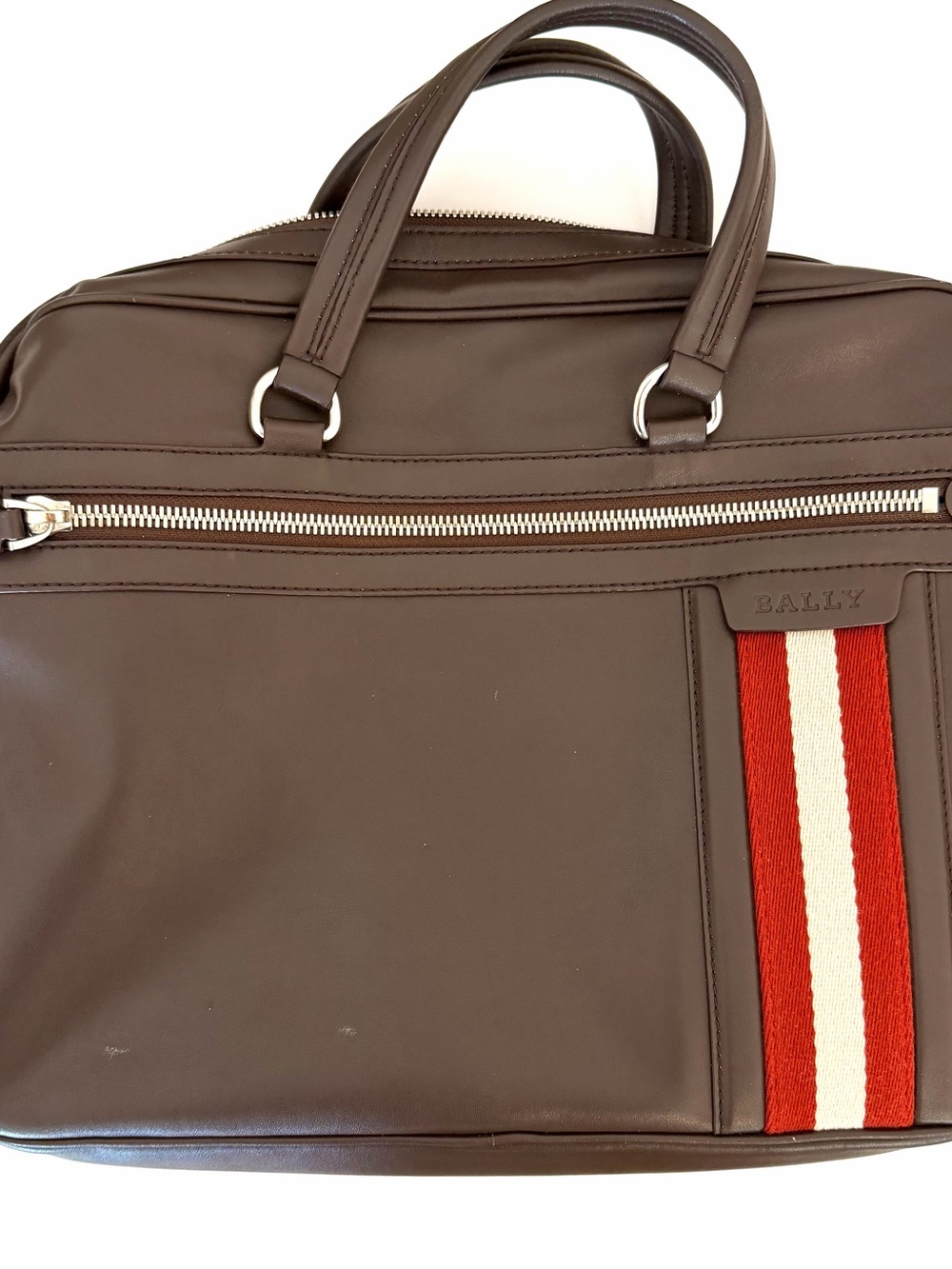 Bally Brown Leather Briefcase with Red & White Stripe Accent